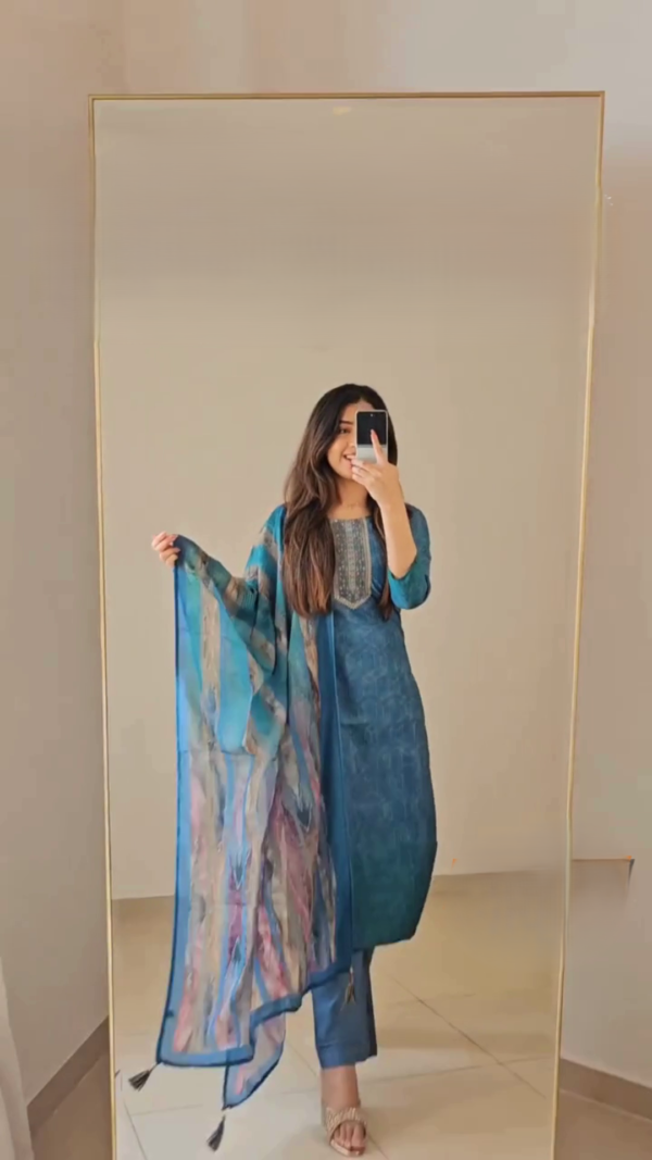 Women's Rayon Blend Embroidered Straight Kurta with Pant & Dupatta