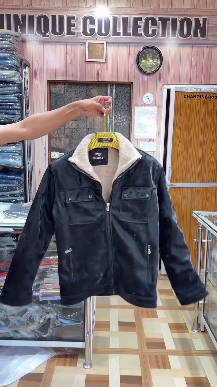 Men's Black Faux Leather Biker Jacket with Sherpa/Fleece Collar