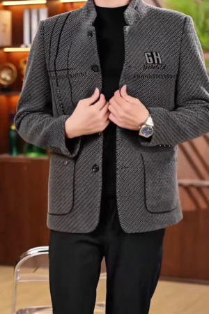 Men's Grey Herringbone Plaid Stand Collar Jacket