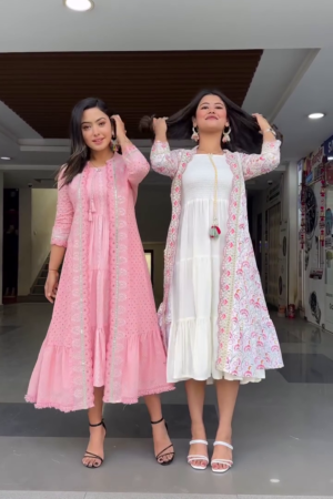 Pink Floral Embroidered Tiered Cotton Fit and Flare Midi Dress With Shrug