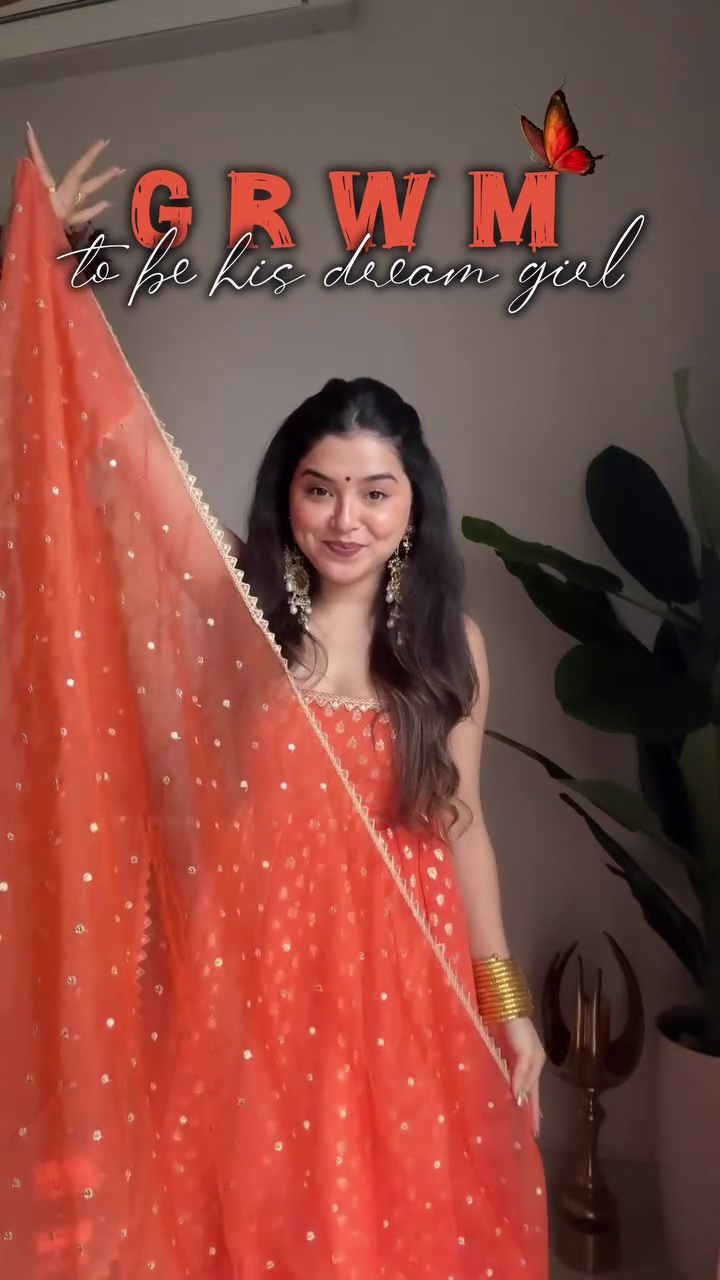 Orange Gold Foil Anarkali Gown with Dupatta – Festive & Wedding Wear - Image 2