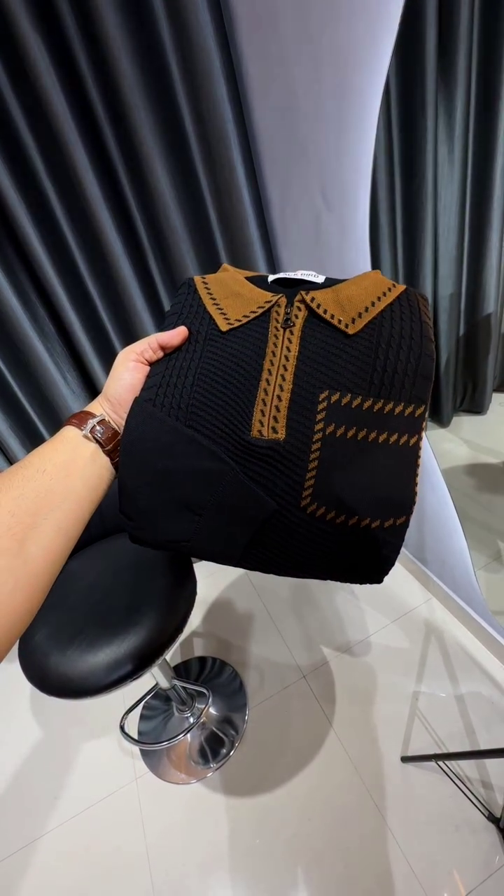 Try This Printed Polo Neck Fullsleeve T-Shirt, Long Sleeve Tshirt Classic Zip Collared Polo Shirt Fashion Casual Shirts - Image 2