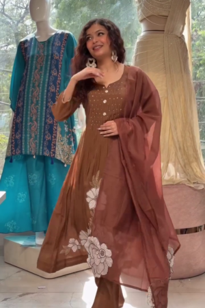 Womens Rust Embroidered Anarkali Kurta With Palazzos & Dupatta