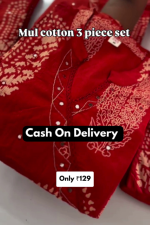Women’s Red Cotton 3 Piece Kurta Set with Dupatta