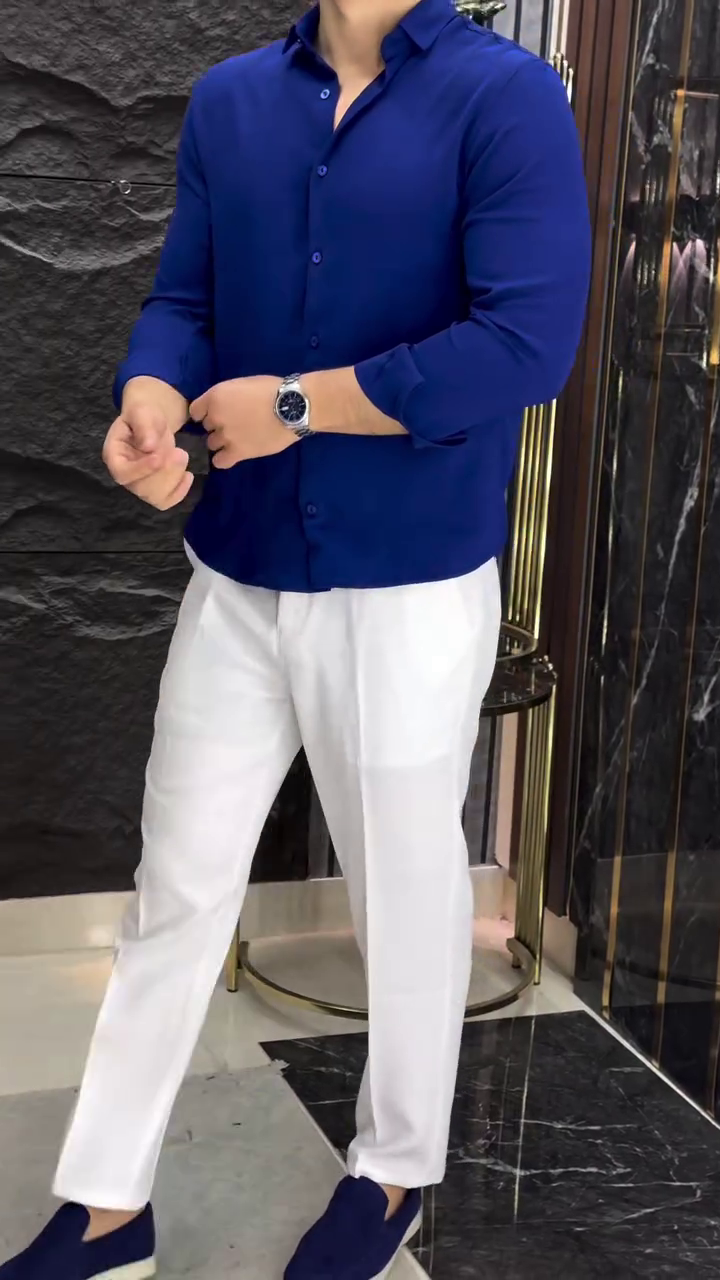 Men’s Formal Blue Plain Shirt with White Pants - Image 3