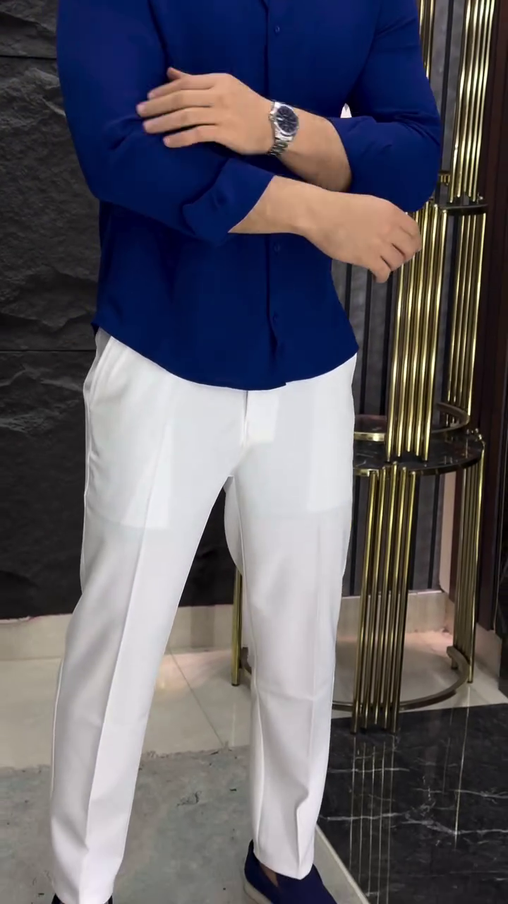Men’s Formal Blue Plain Shirt with White Pants - Image 2